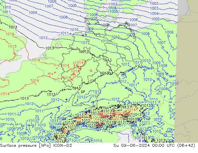 Luchtdruk (Grond) ICON-D2 zo 09.06.2024 00 UTC