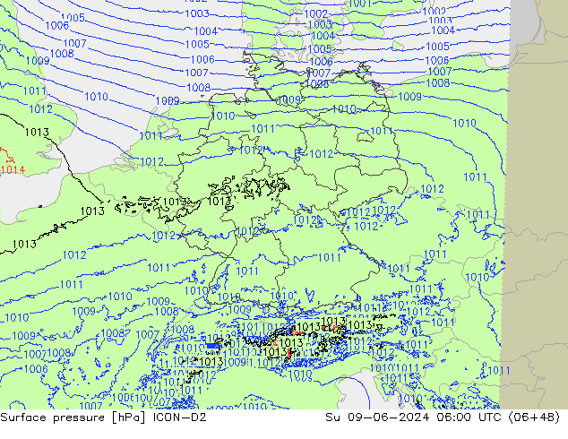 Surface pressure ICON-D2 Su 09.06.2024 06 UTC