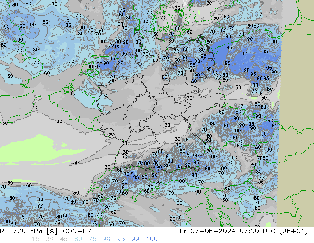 Humidité rel. 700 hPa ICON-D2 ven 07.06.2024 07 UTC