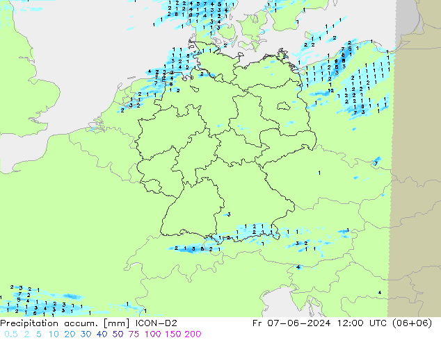 Precipitation accum. ICON-D2 Pá 07.06.2024 12 UTC