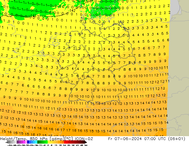 Height/Temp. 850 гПа ICON-D2 пт 07.06.2024 07 UTC