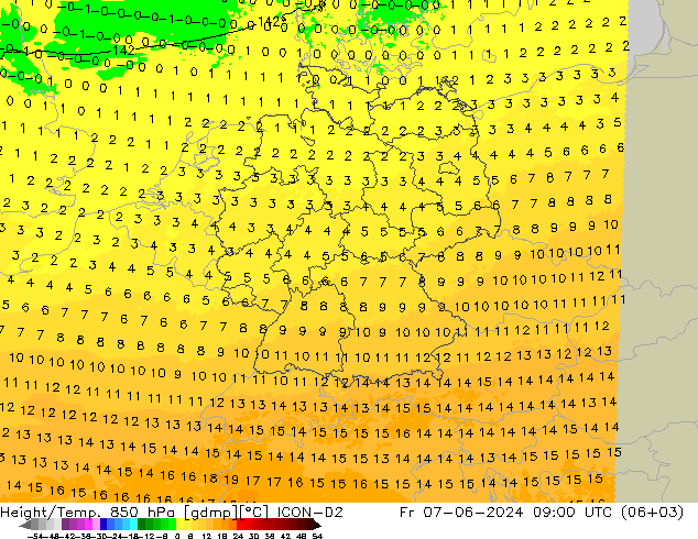 Geop./Temp. 850 hPa ICON-D2 vie 07.06.2024 09 UTC