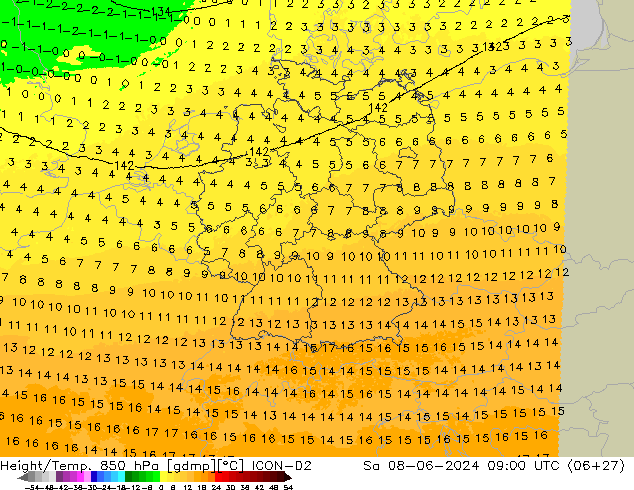 Height/Temp. 850 hPa ICON-D2 Sa 08.06.2024 09 UTC