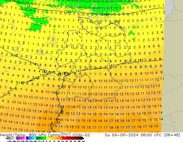 Géop./Temp. 850 hPa ICON-D2 dim 09.06.2024 06 UTC