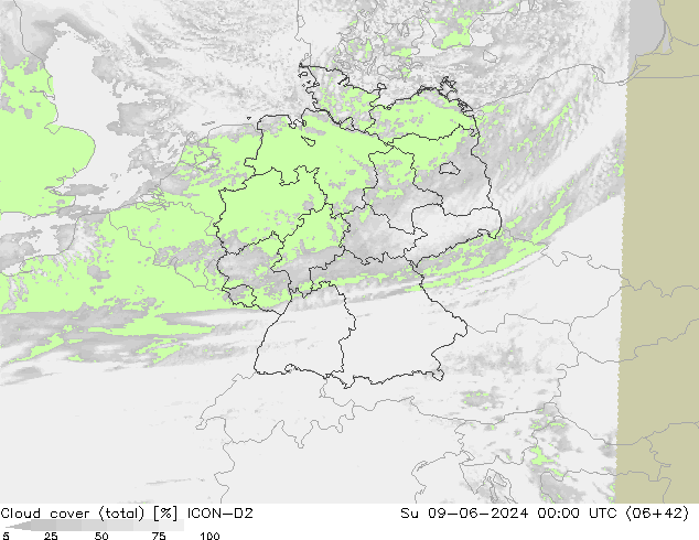 Nubes (total) ICON-D2 dom 09.06.2024 00 UTC