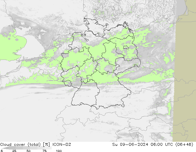 Bewolking (Totaal) ICON-D2 zo 09.06.2024 06 UTC