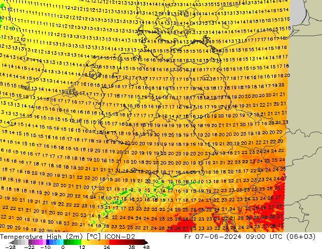 Max.temperatuur (2m) ICON-D2 vr 07.06.2024 09 UTC