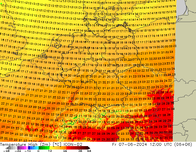 temperatura máx. (2m) ICON-D2 Sex 07.06.2024 12 UTC