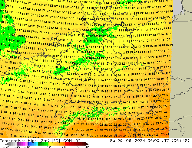 Темпер. макс 2т ICON-D2 Вс 09.06.2024 06 UTC