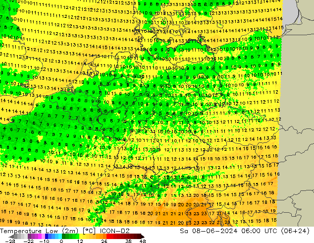 Min. Temperatura (2m) ICON-D2 so. 08.06.2024 06 UTC