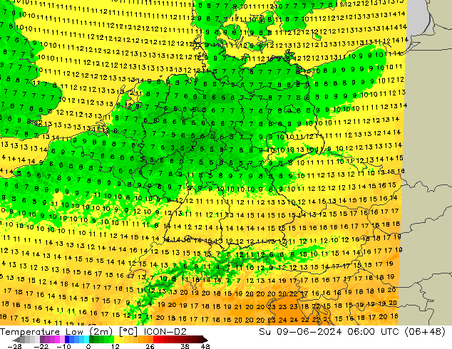 Min.temperatuur (2m) ICON-D2 zo 09.06.2024 06 UTC