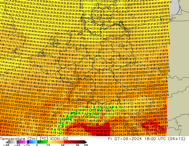 Sıcaklık Haritası (2m) ICON-D2 Cu 07.06.2024 18 UTC