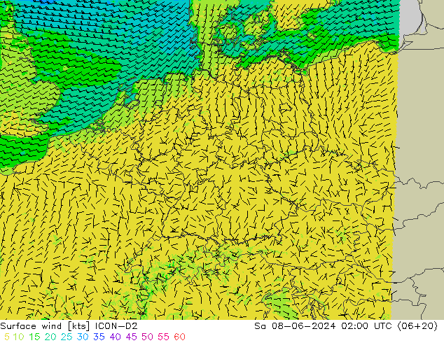 Vent 10 m ICON-D2 sam 08.06.2024 02 UTC