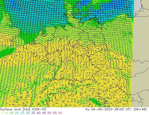 Wind 10 m ICON-D2 zo 09.06.2024 06 UTC