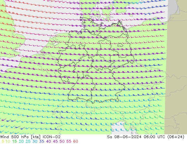 Wind 500 hPa ICON-D2 Sa 08.06.2024 06 UTC