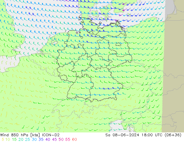 Viento 850 hPa ICON-D2 sáb 08.06.2024 18 UTC