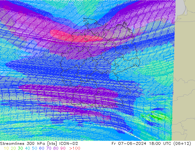 Línea de corriente 300 hPa ICON-D2 vie 07.06.2024 18 UTC