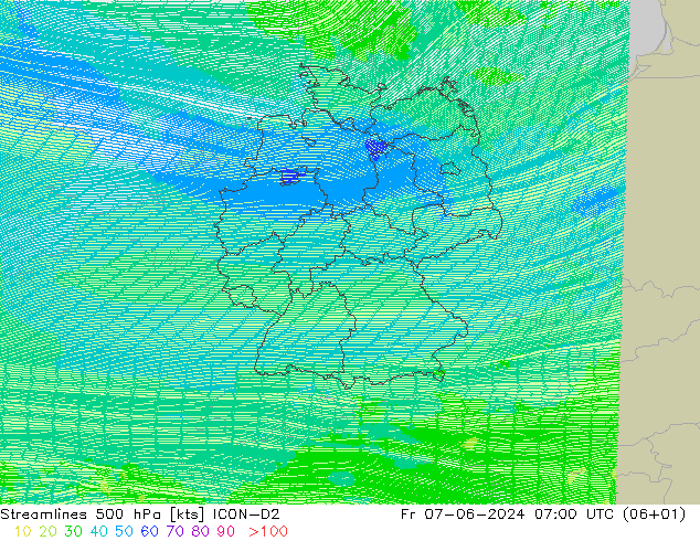 Streamlines 500 hPa ICON-D2 Pá 07.06.2024 07 UTC