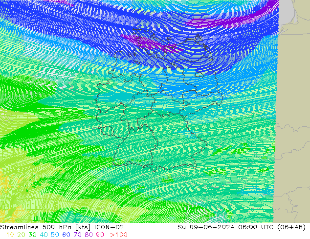 Ligne de courant 500 hPa ICON-D2 dim 09.06.2024 06 UTC