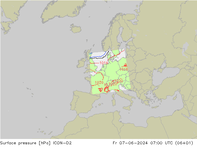 Pressione al suolo ICON-D2 ven 07.06.2024 07 UTC