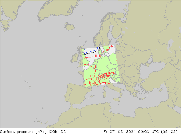 Presión superficial ICON-D2 vie 07.06.2024 09 UTC