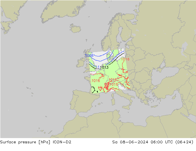 Atmosférický tlak ICON-D2 So 08.06.2024 06 UTC