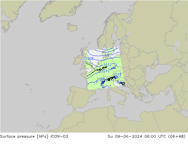 Surface pressure ICON-D2 Su 09.06.2024 06 UTC