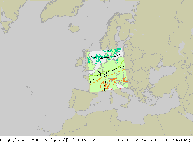 Géop./Temp. 850 hPa ICON-D2 dim 09.06.2024 06 UTC