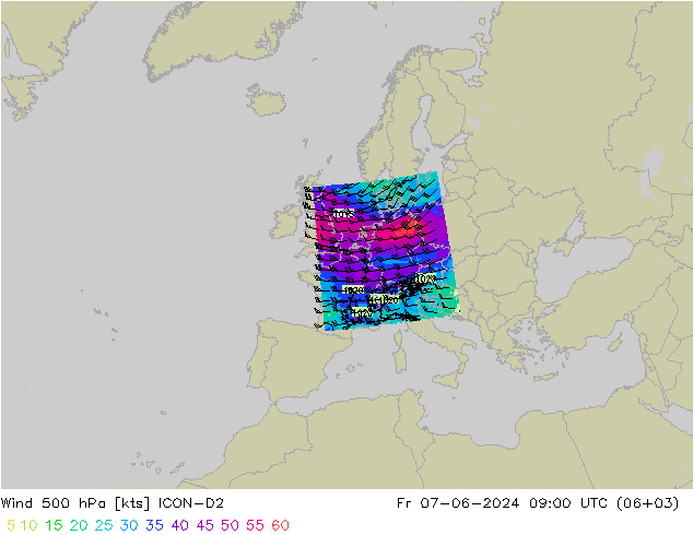 Viento 500 hPa ICON-D2 vie 07.06.2024 09 UTC