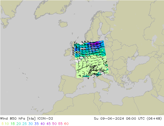 Wind 850 hPa ICON-D2 zo 09.06.2024 06 UTC