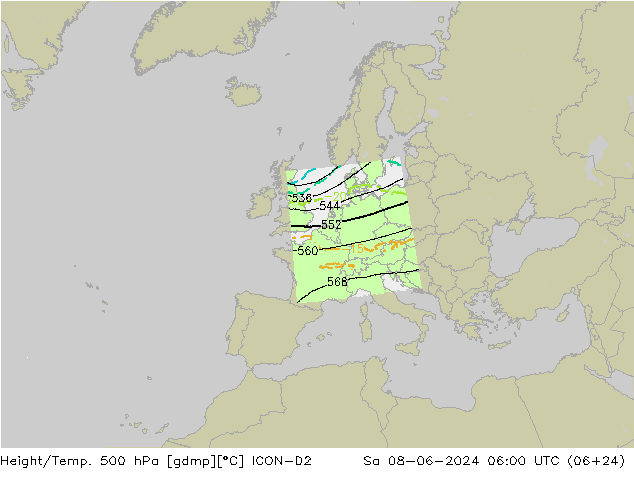 Géop./Temp. 500 hPa ICON-D2 sam 08.06.2024 06 UTC