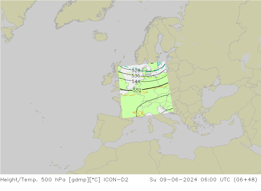 Height/Temp. 500 hPa ICON-D2 Su 09.06.2024 06 UTC