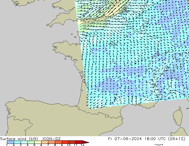 Surface wind (bft) ICON-D2 Pá 07.06.2024 18 UTC