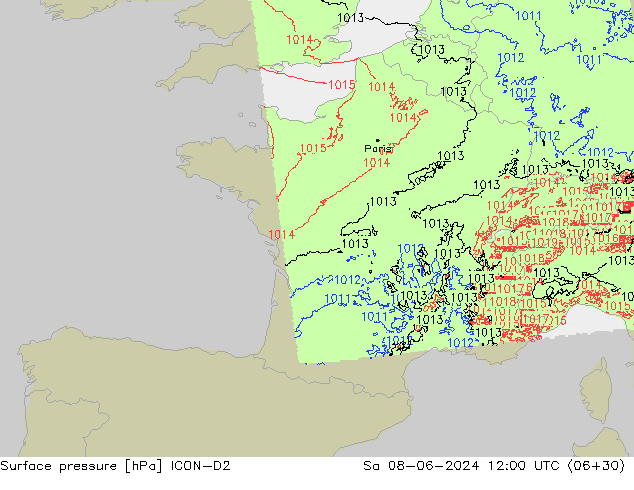 Surface pressure ICON-D2 Sa 08.06.2024 12 UTC