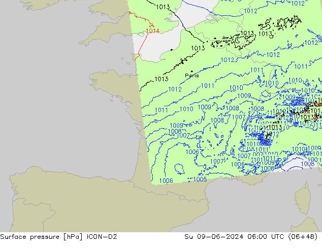 Surface pressure ICON-D2 Su 09.06.2024 06 UTC