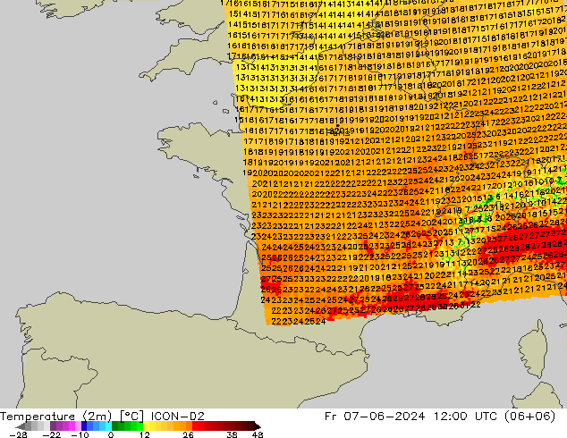 Temperatura (2m) ICON-D2 ven 07.06.2024 12 UTC