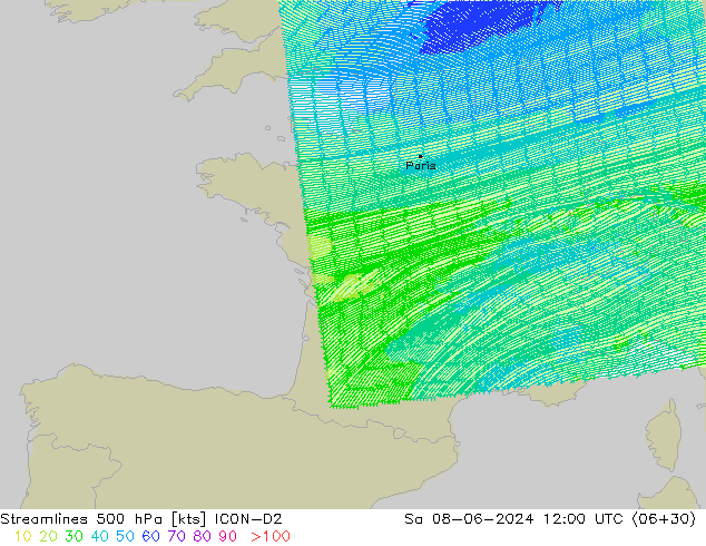 Streamlines 500 hPa ICON-D2 So 08.06.2024 12 UTC