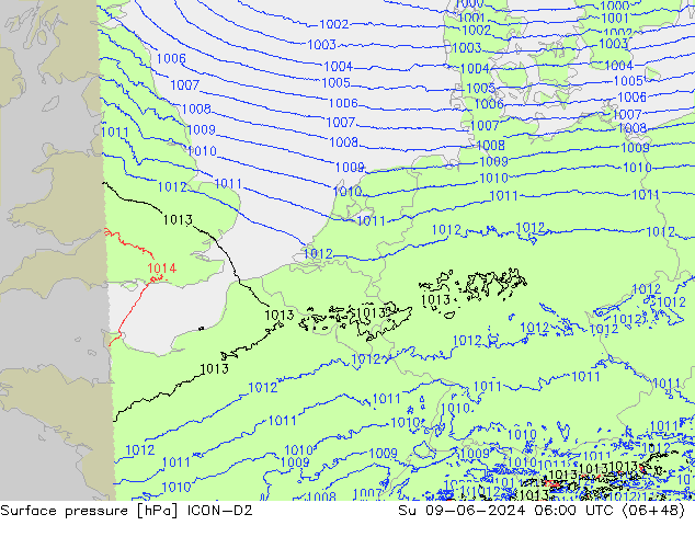 Luchtdruk (Grond) ICON-D2 zo 09.06.2024 06 UTC