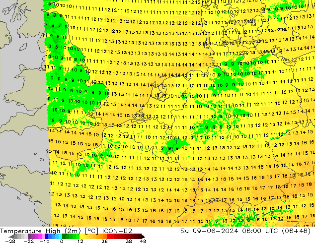 Höchstwerte (2m) ICON-D2 So 09.06.2024 06 UTC