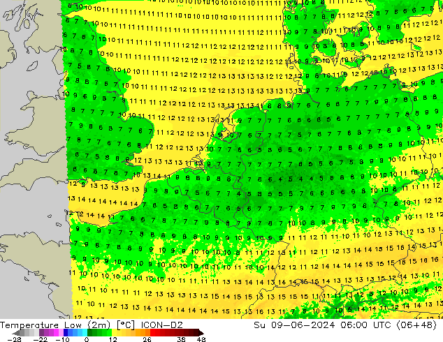 Nejnižší teplota (2m) ICON-D2 Ne 09.06.2024 06 UTC