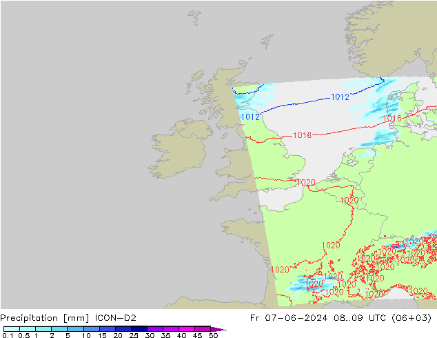 Srážky ICON-D2 Pá 07.06.2024 09 UTC