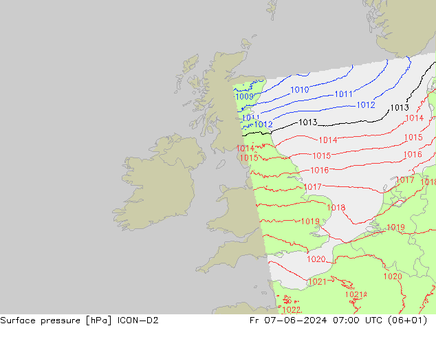 Atmosférický tlak ICON-D2 Pá 07.06.2024 07 UTC