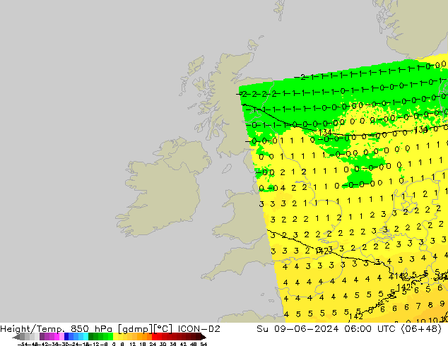 Height/Temp. 850 hPa ICON-D2 Su 09.06.2024 06 UTC