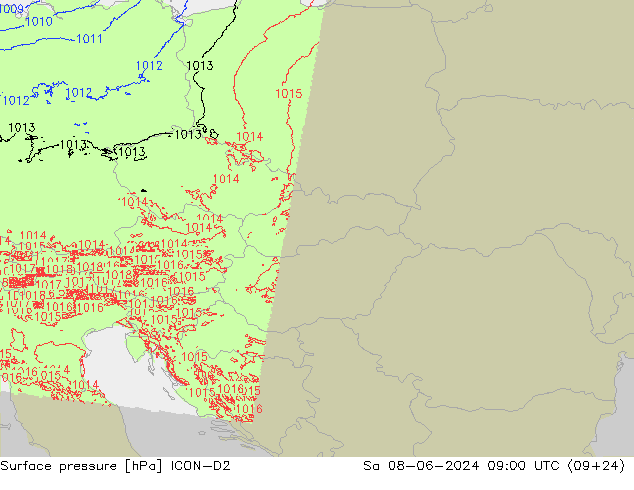 Luchtdruk (Grond) ICON-D2 za 08.06.2024 09 UTC