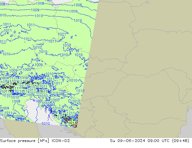 Pressione al suolo ICON-D2 dom 09.06.2024 09 UTC