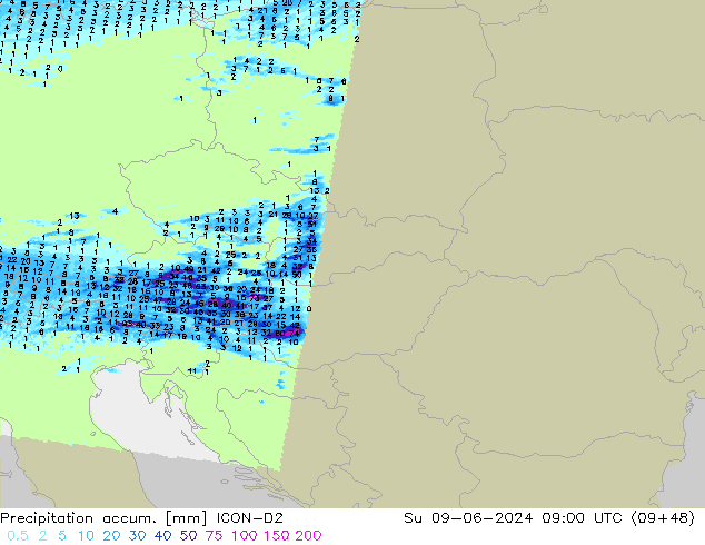 Precipitation accum. ICON-D2 Su 09.06.2024 09 UTC