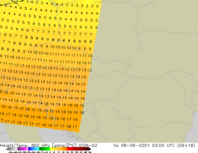 Yükseklik/Sıc. 850 hPa ICON-D2 Cts 08.06.2024 03 UTC