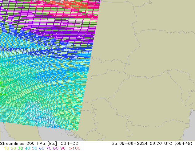 Streamlines 300 hPa ICON-D2 Su 09.06.2024 09 UTC