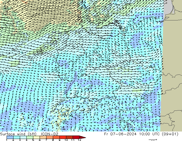Surface wind (bft) ICON-D2 Fr 07.06.2024 10 UTC