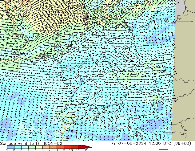 Surface wind (bft) ICON-D2 Pá 07.06.2024 12 UTC